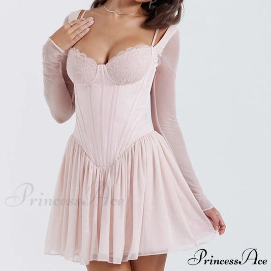 Bombshell Long Sleeve Bustier Graceful Corset Frill Mini Dress Pink / XS