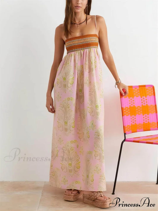 Bosnian Folk Floral Charming Thin Strap Midi Dress pink / S
