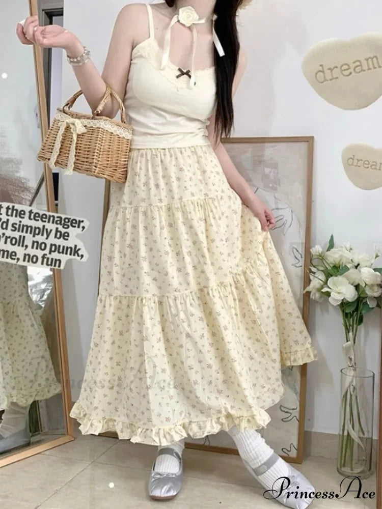 Botanical A-Line Mid-Calf Elevated Waist Skirt skirt-250126