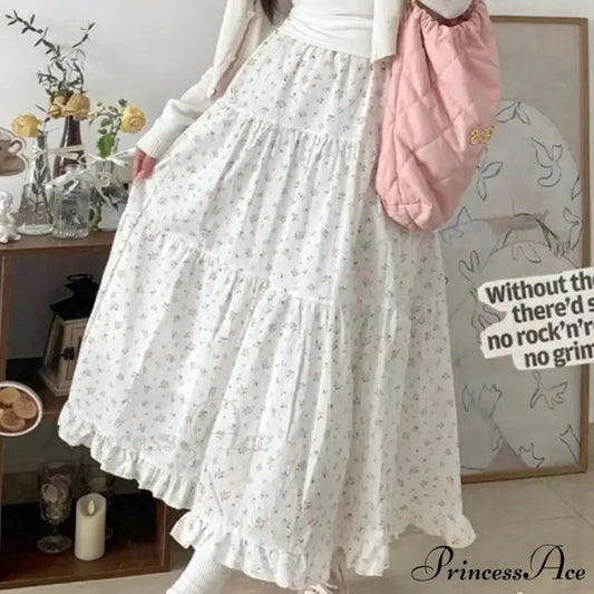 Botanical A-Line Mid-Calf Elevated Waist Skirt White / M skirt-250126