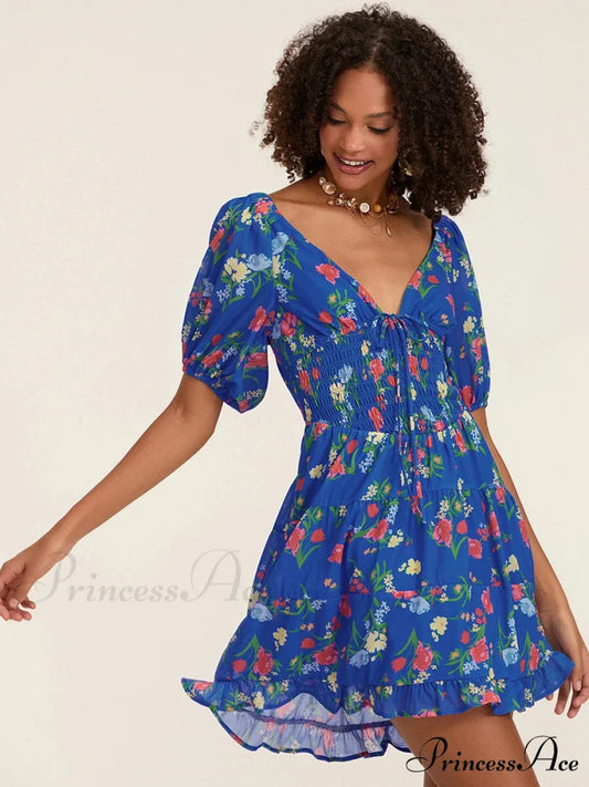 Botanical A-Line Mini Puff Short Sleeve Tie-Up Front Flared Holiday Party Dress Blue / S floraldress-250126