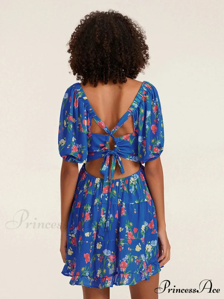 Botanical A-Line Mini Puff Short Sleeve Tie-Up Front Flared Holiday Party Dress floraldress-250126