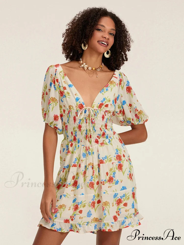 Botanical A-Line Mini Puff Short Sleeve Tie-Up Front Flared Holiday Party Dress floraldress-250126