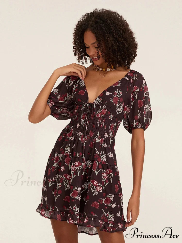 Botanical A-Line Mini Puff Short Sleeve Tie-Up Front Flared Holiday Party Dress floraldress-250126