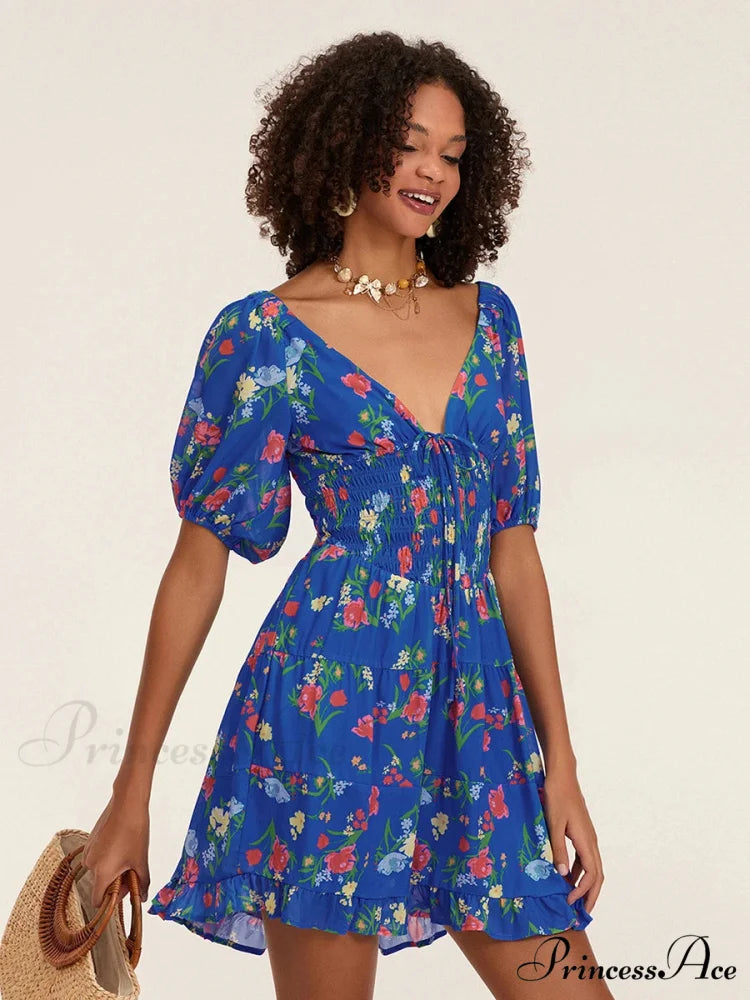 Botanical A-Line Mini Puff Short Sleeve Tie-Up Front Flared Holiday Party Dress floraldress-250126