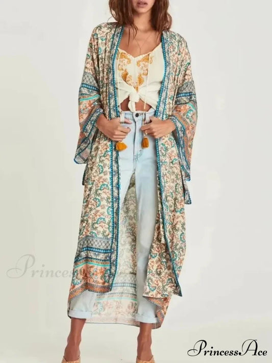 Botanical Bat Sleeve Bohemian Kimono Dress bohodress-250126