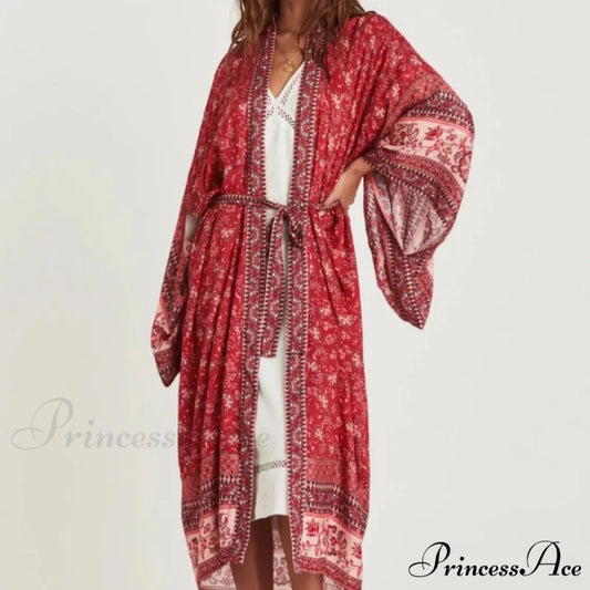 Botanical Bat Sleeve Bohemian Kimono Dress Red / S bohodress-250126