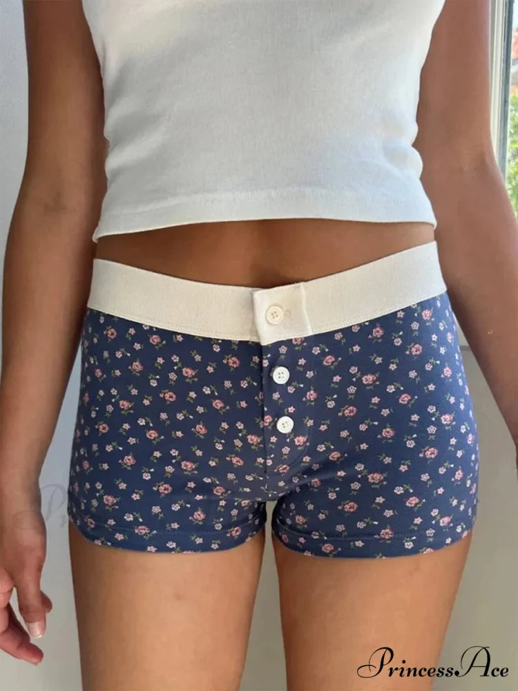 Botanical Button Stretchy Waist Short Blue / S short-250223