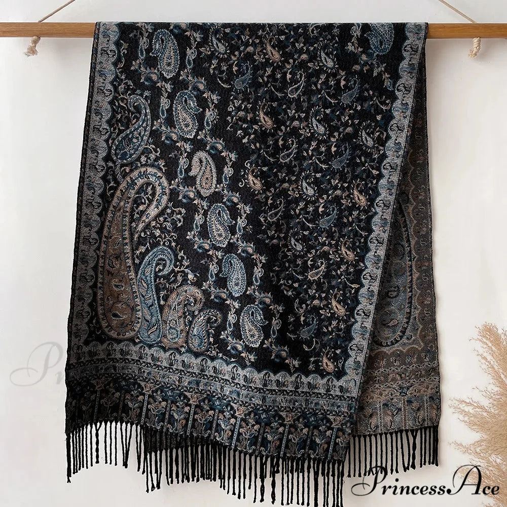 Botanical Cashmere Cover Winter Wrap black scarf-241228