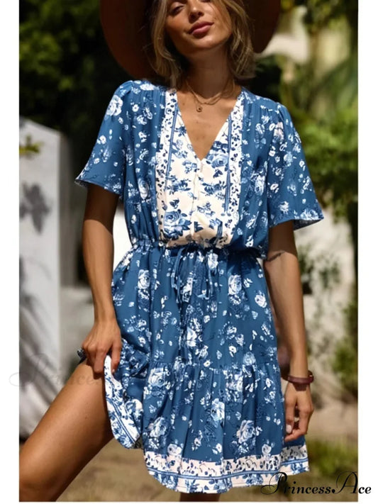 Botanical Deep Plunge Tassel Short Sleeve Rayon Getaway Mini Boho Dress Blue / S bohodress-250126