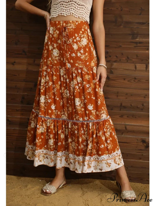 Botanical Folded Bohemian A-Line Rayon Maxi Skirt Brown / S skirt-250126