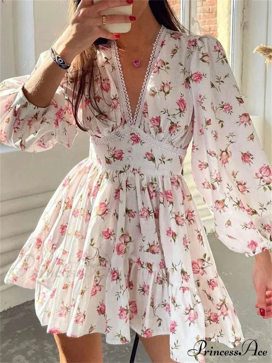 Botanical Lantern-Sleeve Mini Dress WHITE / S minidress-250223