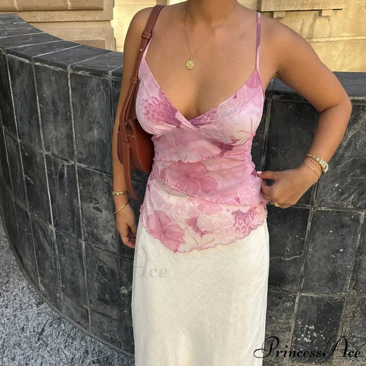 Botanical Net Spaghetti Crop Top pink / S croptop-250223