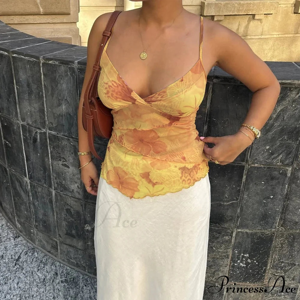 Botanical Net Spaghetti Crop Top yellow / S croptop-250223