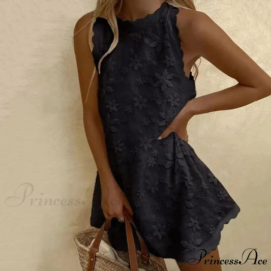 Botanical Off-The-Shoulder Stitching Relaxed Hem Botanical Dress Black / S floraldress-250126