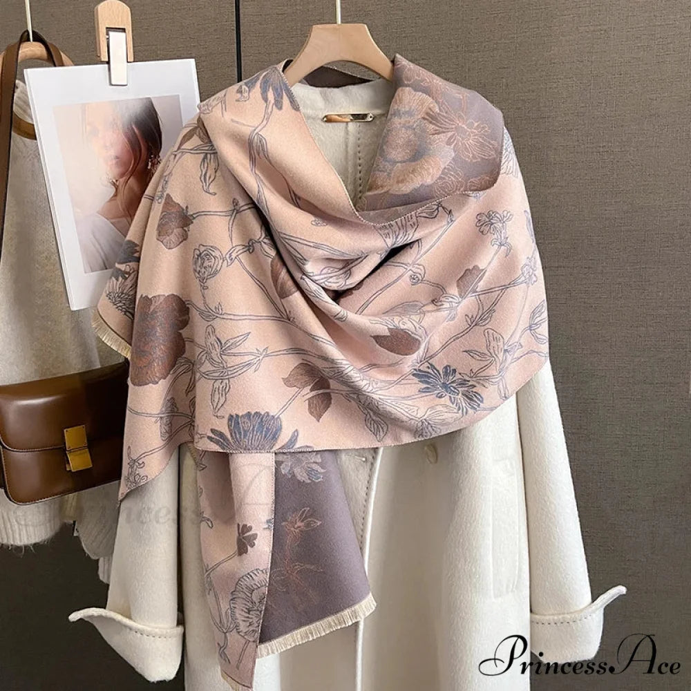 Botanical Pattern Cashmere Pashmina Scarf pink scarf-241228