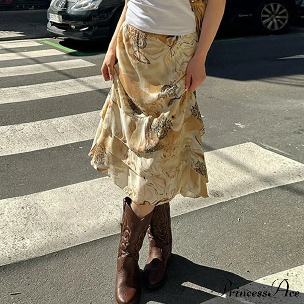Botanical Pattern Layered A-Line Midi Skirt skirt-250126