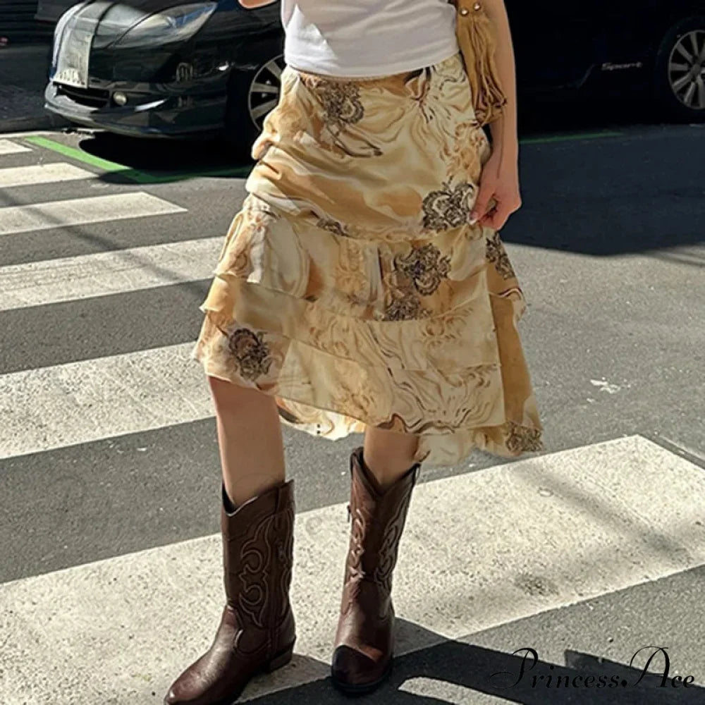 Botanical Pattern Layered A-Line Midi Skirt skirt-250126