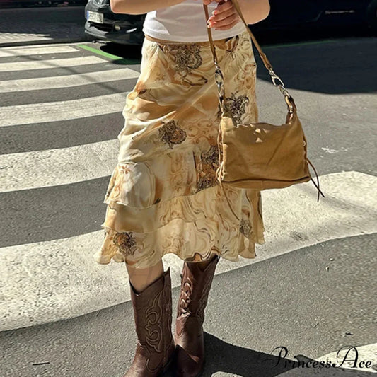 Botanical Pattern Layered A-Line Midi Skirt Gold / S skirt-250126