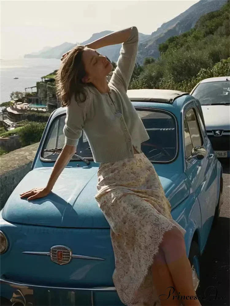 Botanical Pattern Mermaid Lace Insertion High Rise Vintage Summertime Midi Skirt skirt-250126