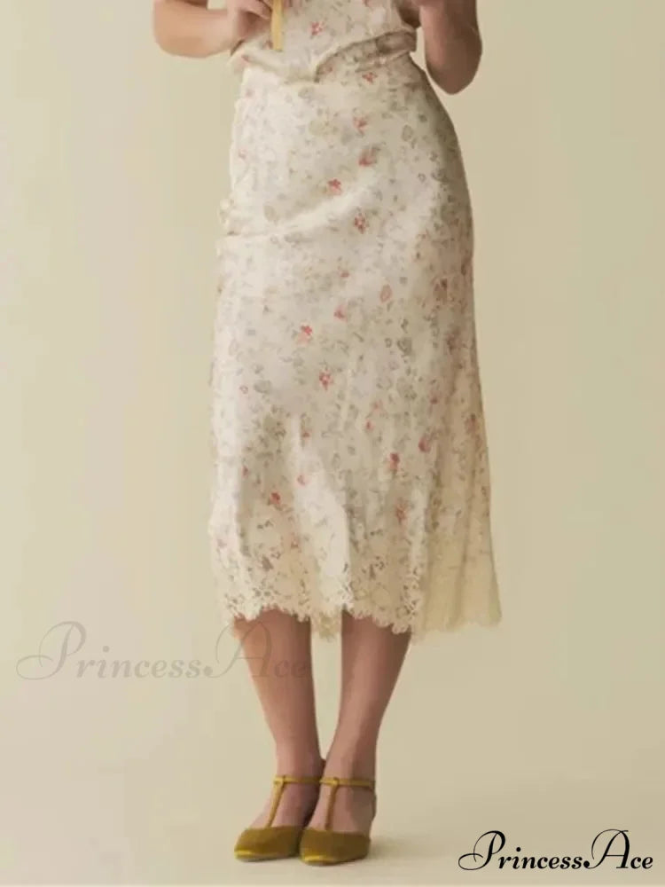 Botanical Pattern Mermaid Lace Insertion High Rise Vintage Summertime Midi Skirt skirt / S skirt-250126