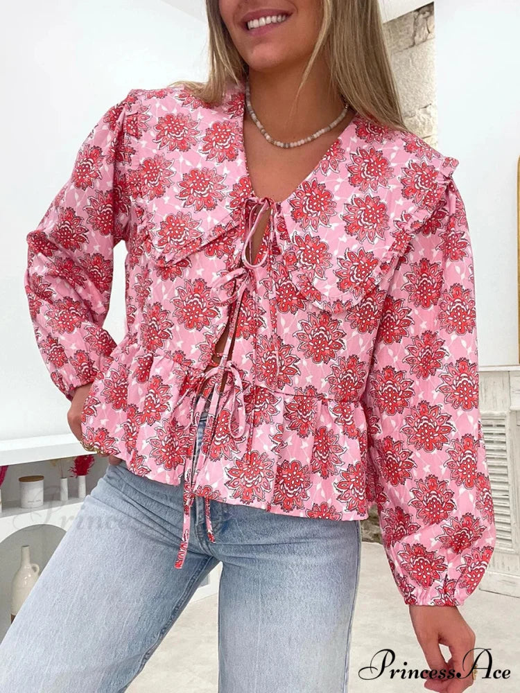 Botanical Puppet Collar Bind Blouse pink / S blouse-250223