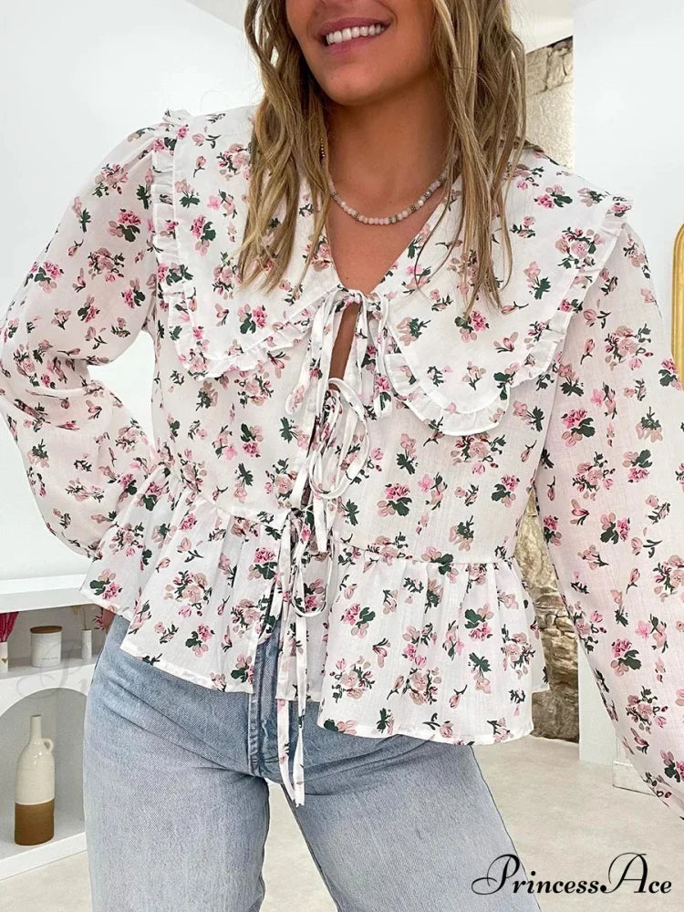 Botanical Puppet Collar Bind Blouse white / S blouse-250223