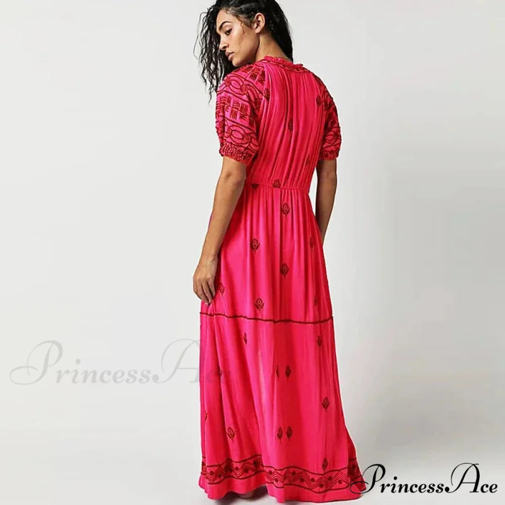 Botanical Stitched Cotton Boho Dress bohodress-250126