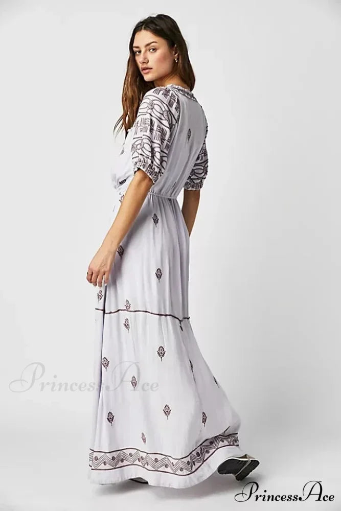 Botanical Stitched Cotton Boho Dress bohodress-250126