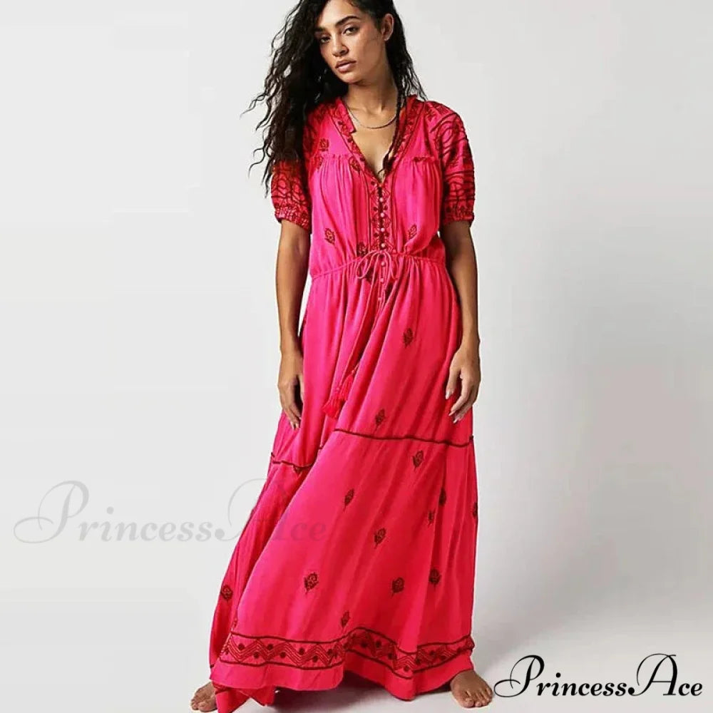 Botanical Stitched Cotton Boho Dress Rose red / S bohodress-250126
