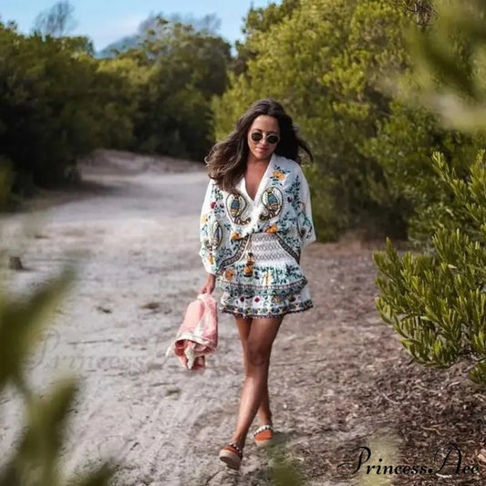 Botanical Stitching Bohemian Batwing Sleeve Dress Mixed Color / S bohodress-250126