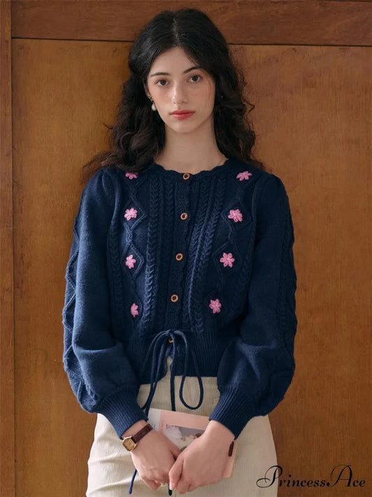 Botanical Stitching Circular Neck Button Cardigan Blue / S cardigans-241228