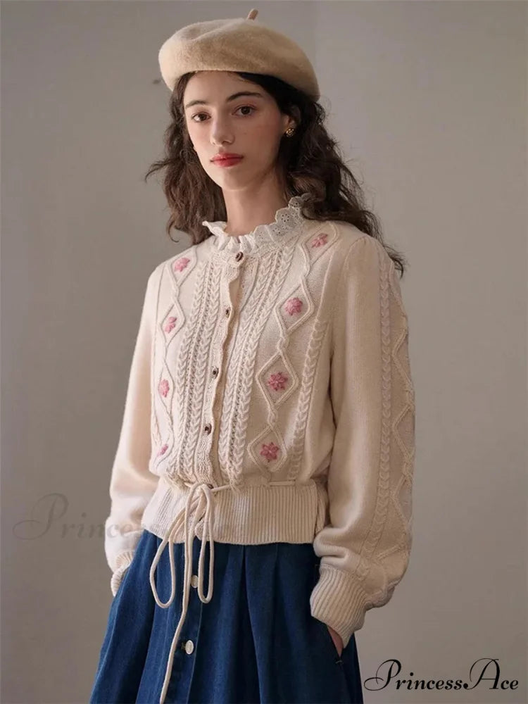 Botanical Stitching Circular Neck Button Cardigan Milky White / S cardigans-241228