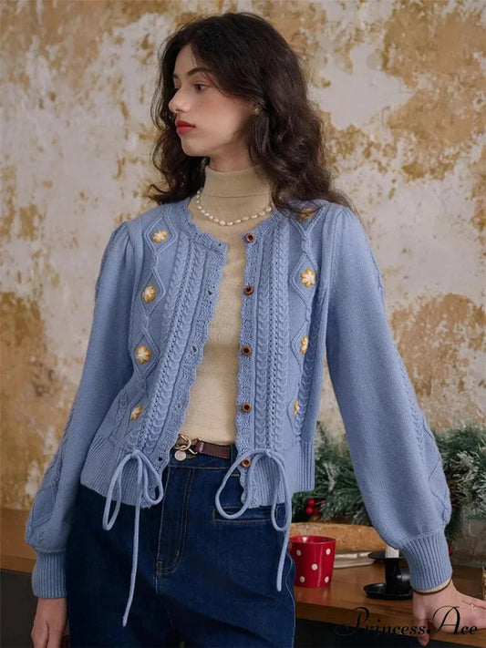 Botanical Stitching Circular Neck Button Cardigan SKY BLUE / S cardigans-241228