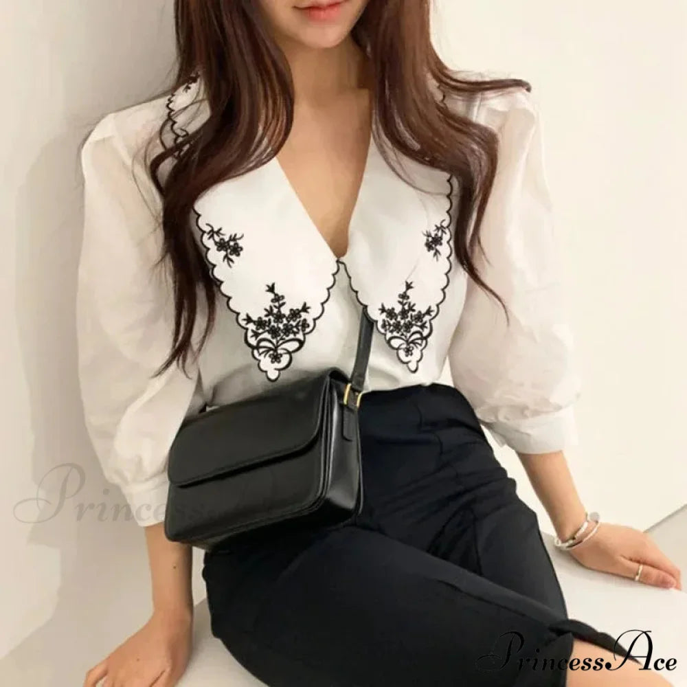 Botanical Stitching Half Sleeve Ivory Retro Blouse blouse-250126