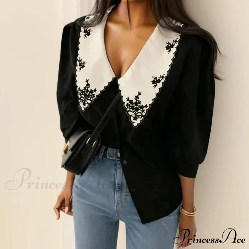 Botanical Stitching Half Sleeve Ivory Retro Blouse Black / S blouse-250126