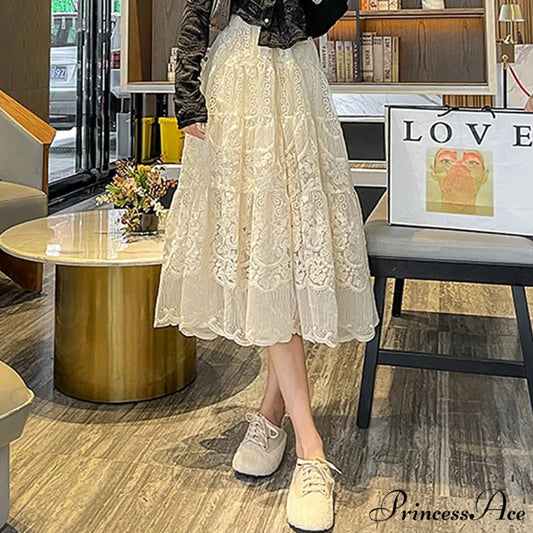 Botanical Stitching Lace Elevated Waist A-Line Skirt skirt-250126
