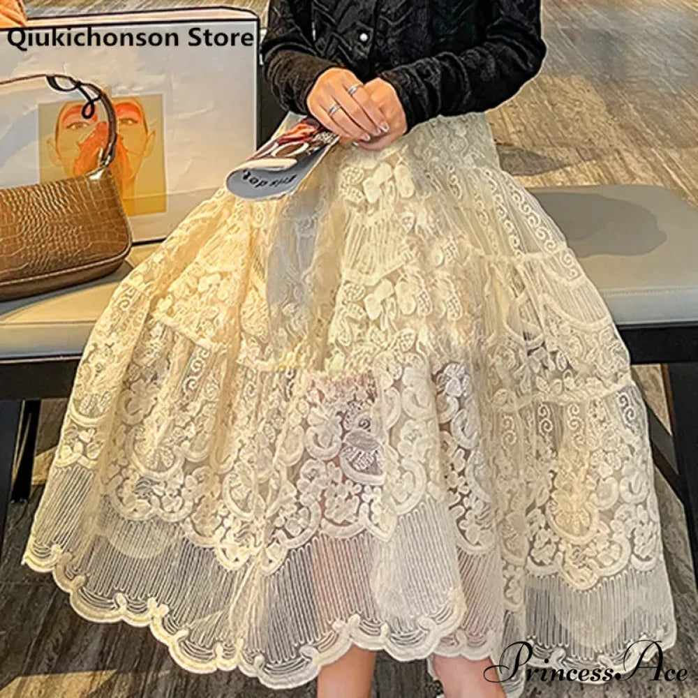 Botanical Stitching Lace Elevated Waist A-Line Skirt apricot / S skirt-250126