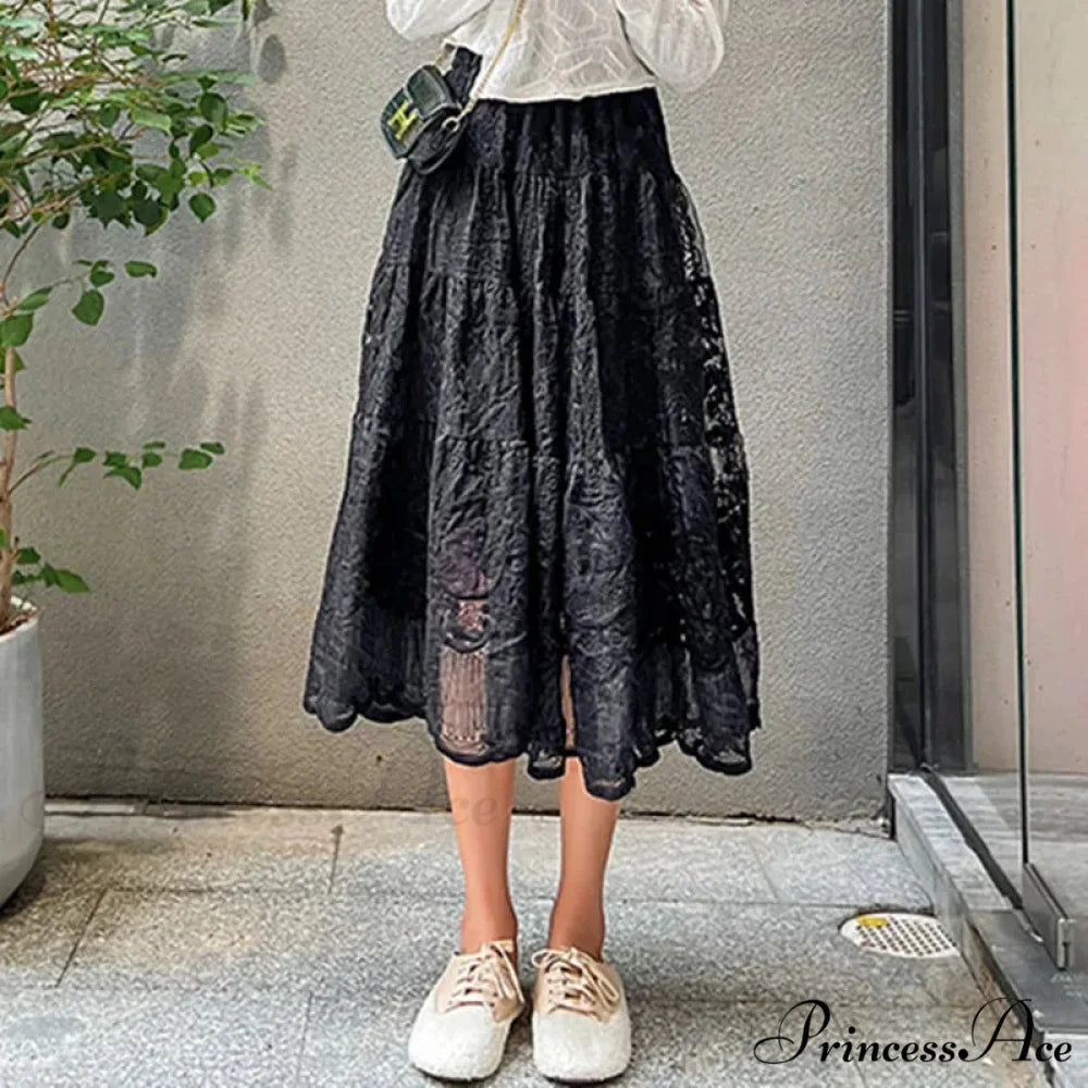 Botanical Stitching Lace Elevated Waist A-Line Skirt Black / S skirt-250126