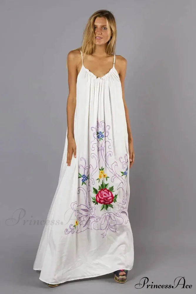 Botanical Stitching Open-Back Bandeau Cotton Free-spirited Dress WHITE / S bohodress-250126