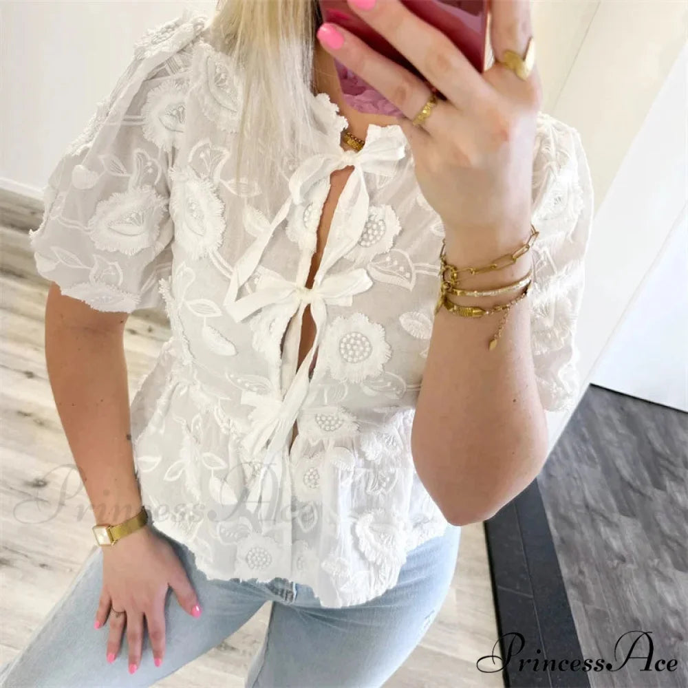 Botanical Stitching Puff Short Sleeve Blouse blouse-250223