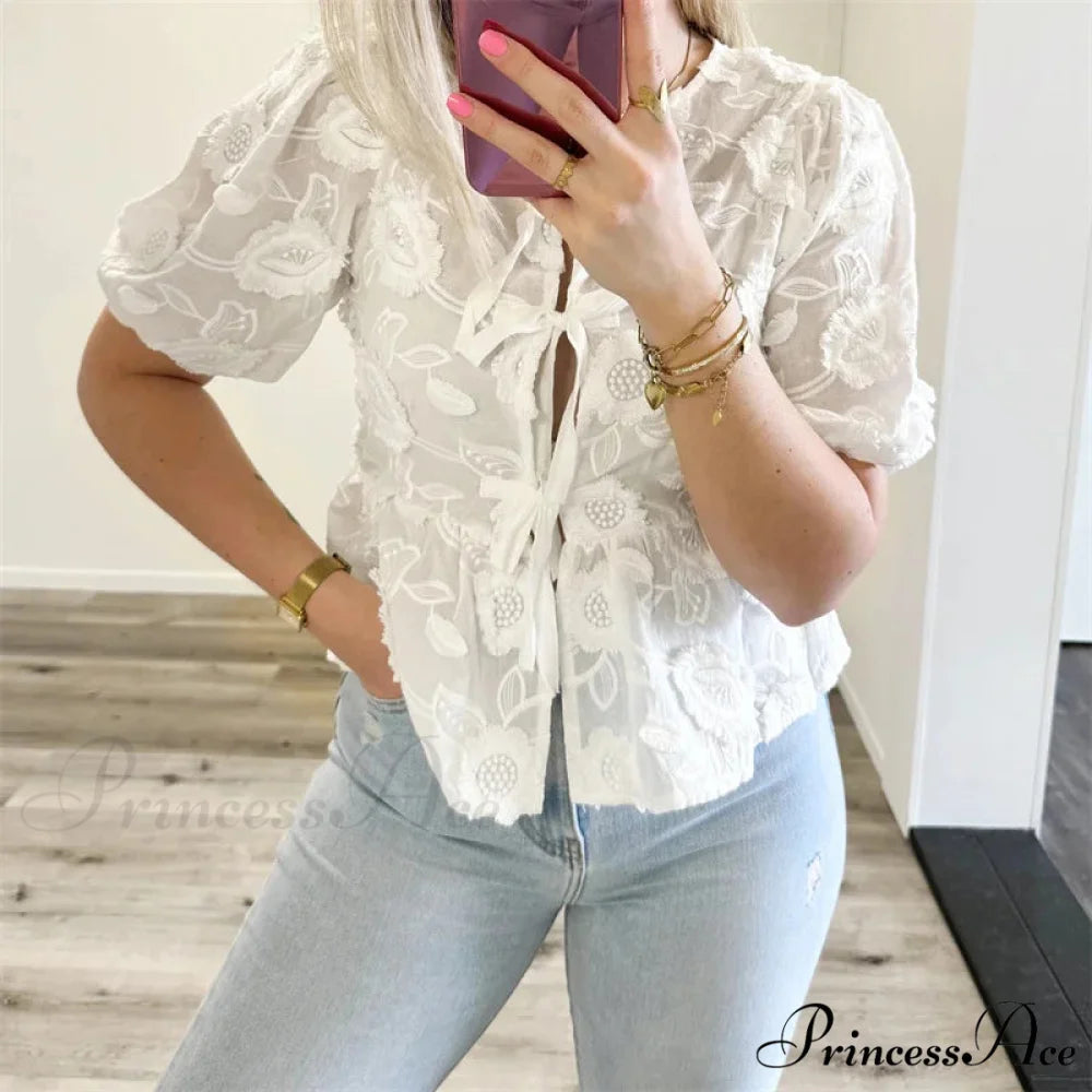 Botanical Stitching Puff Short Sleeve Blouse blouse-250223