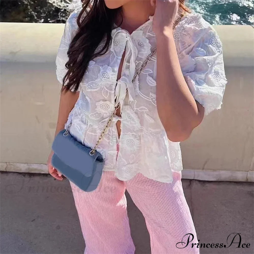 Botanical Stitching Puff Short Sleeve Blouse blouse-250223