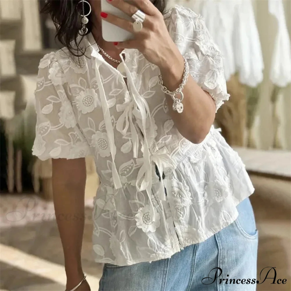 Botanical Stitching Puff Short Sleeve Blouse blouse-250223
