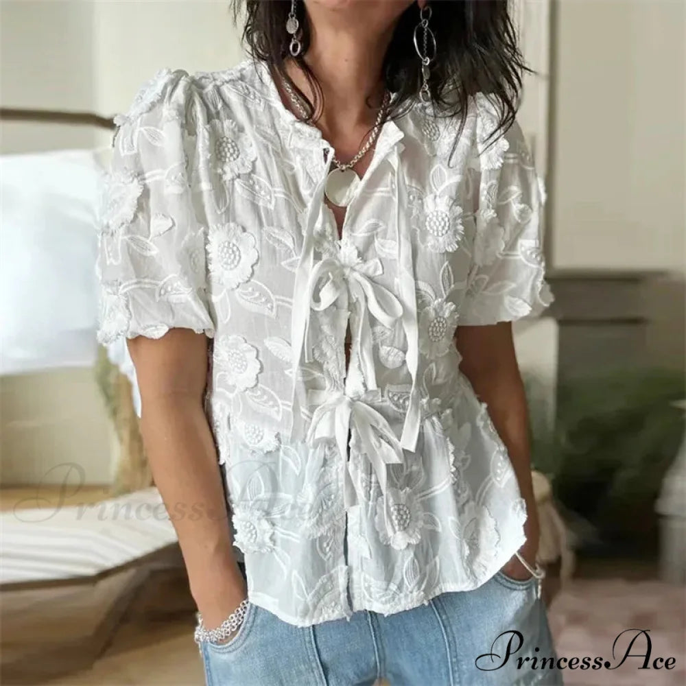 Botanical Stitching Puff Short Sleeve Blouse white / S blouse-250223