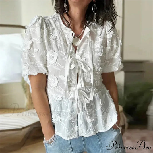 Botanical Stitching Puff Short Sleeve Blouse white / S blouse-250223