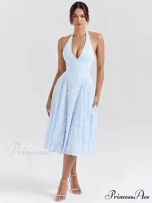 Botanical Waist Tie A-line Holiday Dress SKY BLUE / S vacationdress-250223