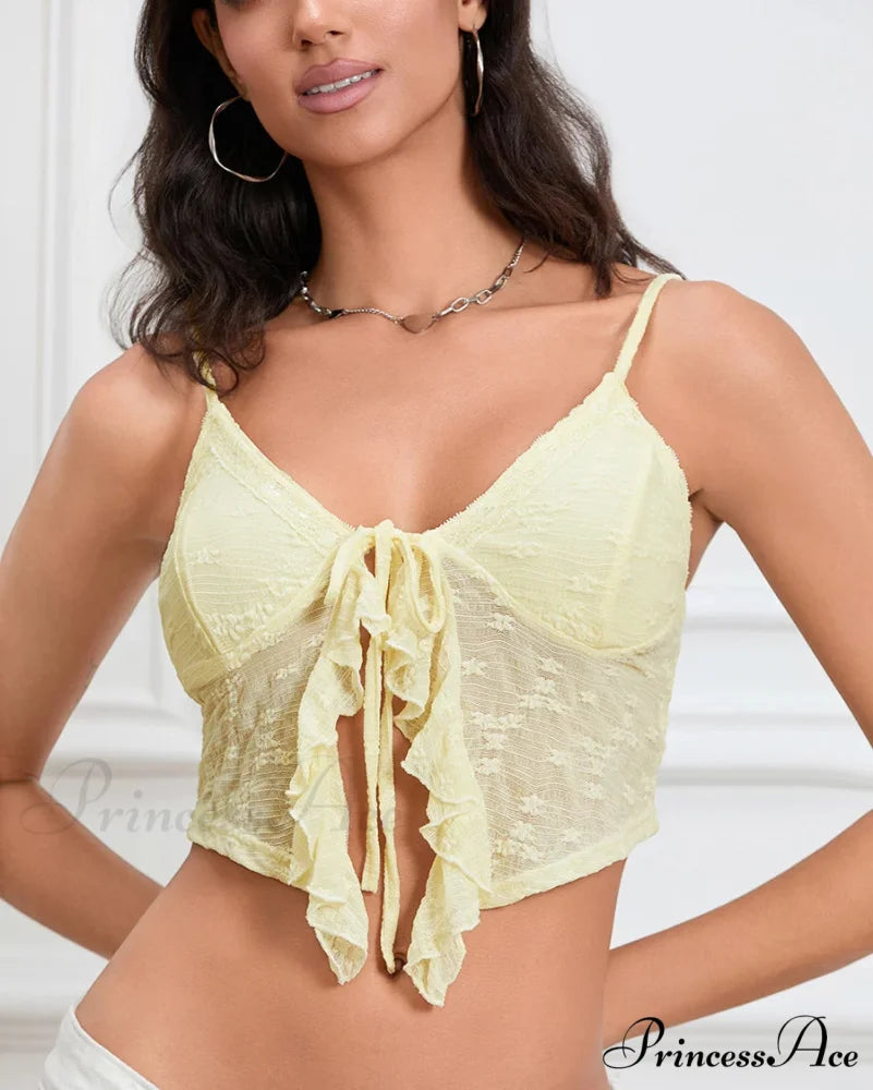 Bound Front Lace Trim Spaghetti Strap Club Crop Vest Top croptop-250126