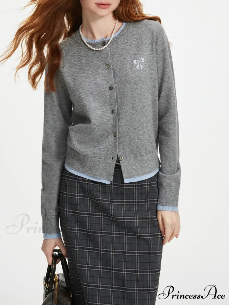 Bow Contrast Color Stitching Cardigan Dark Grey / XS