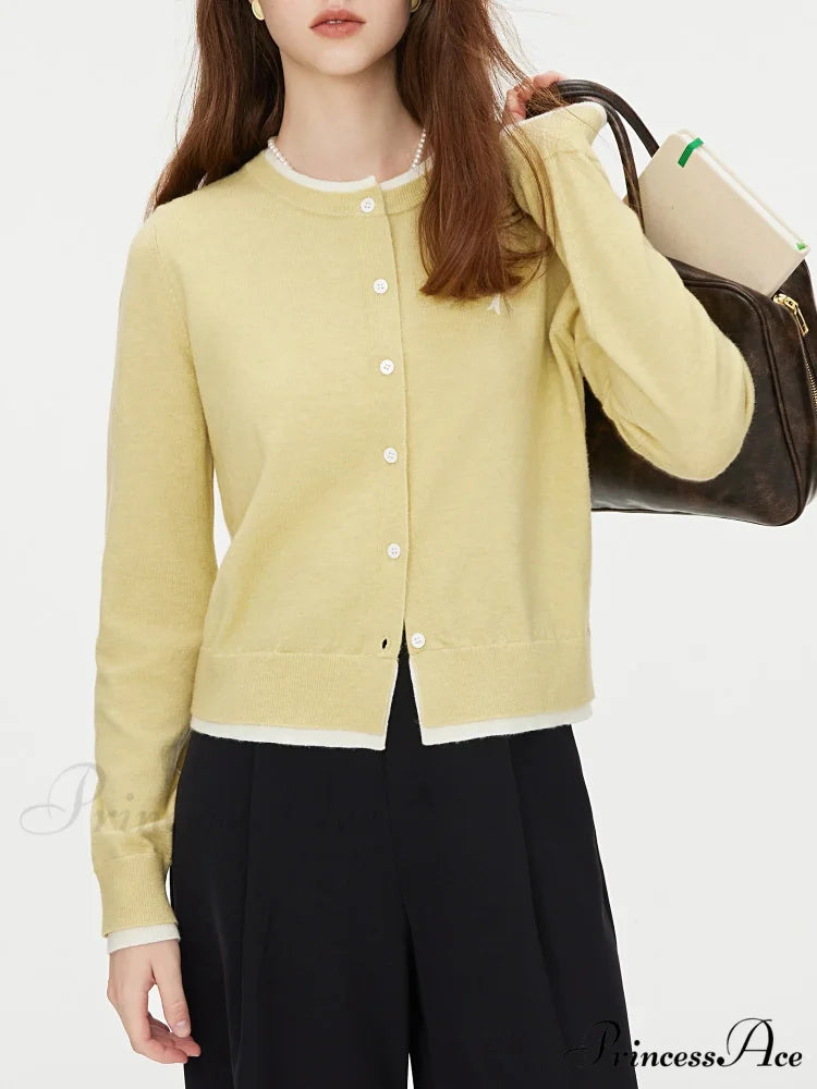 Bow Contrast Color Stitching Cardigan Yellow / XS